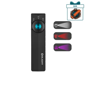 Olight Black ArkPro Lite multi-functional EDC light, front view with blue button, featuring white, red, and UV modes.