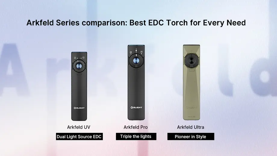 Olight Arkfeld series EDC torch comparison: UV (dual source), Pro (triple lights), Ultra (stylish).