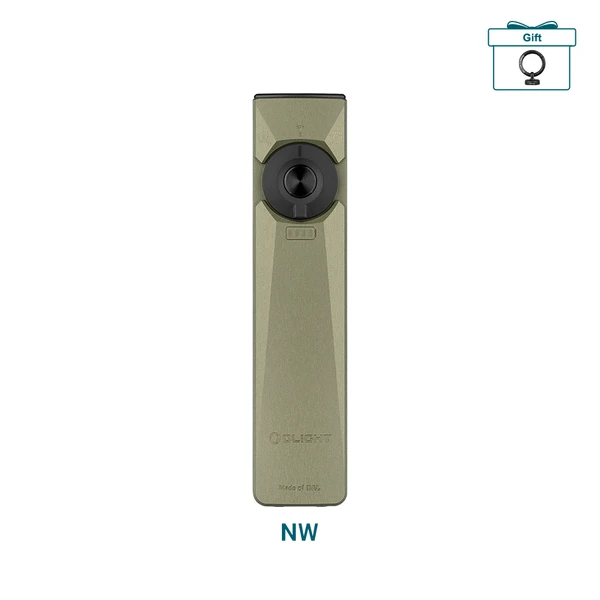 Olight Olive Green Arkfeld Ultra Flat EDC Flashlight Front View with Central Control Dial and Gift Ring for Daily Carry