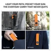 Olight orange ArkPro Lite EDC flashlight clipped to a pocket, backpack, and suit for versatile use.