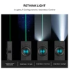 Olight black ArkPro Lite showing green laser, UV, flood, and spotlight beams for diverse applications.