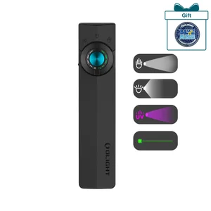 Olight Black ArkPro Lite multi-functional work light front view with blue accent, UV light, and green laser for inspection.