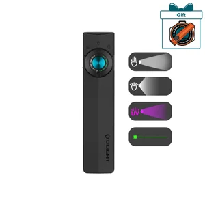 Olight Black ArkPro Lite multi-functional work light front view with blue accent, UV light, and green laser for inspection.