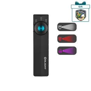Olight Black ArkPro Lite multi-functional EDC light, front view with blue button, featuring white, red, and UV modes.