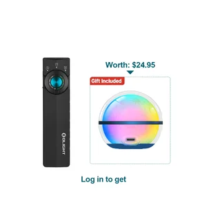 Olight ArkPro Lite Black EDC flashlight with rotating switch and UV light, shown with a colorful gift light.