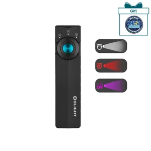 Olight Black ArkPro Lite multi-functional EDC light, front view with blue button, featuring white, red, and UV modes.