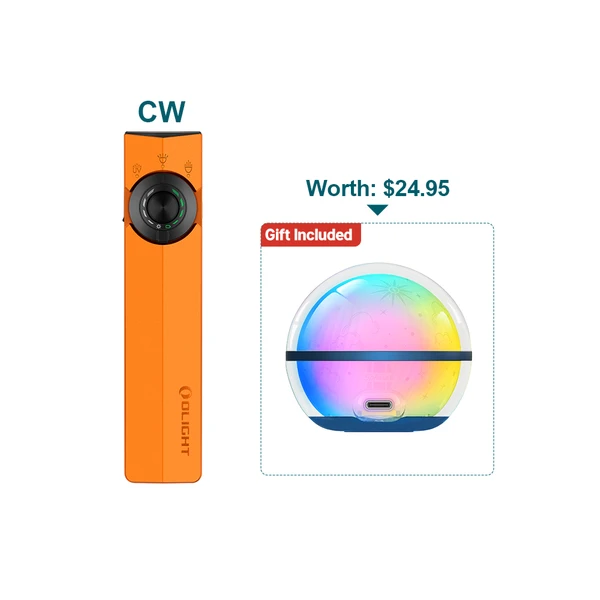 Olight ArkPro CW Orange Flashlight with adjustable dimming knob, perfect for everyday carry or tactical use.