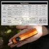 Orange Olight Oclip 2 Pro Flashlight in Hand with EDC Specifications Chart showing Pure Flood and Spotlight Output