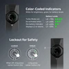 Olight Black ArkPro Flashlight Close Up Showing Color Coded Battery Indicators and Safety Lockout Feature Instructions