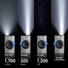 Four flashlight beam modes: 1700lm floodlight, 205m spotlight, 1200mW UV light, and spotlight with green beam.
