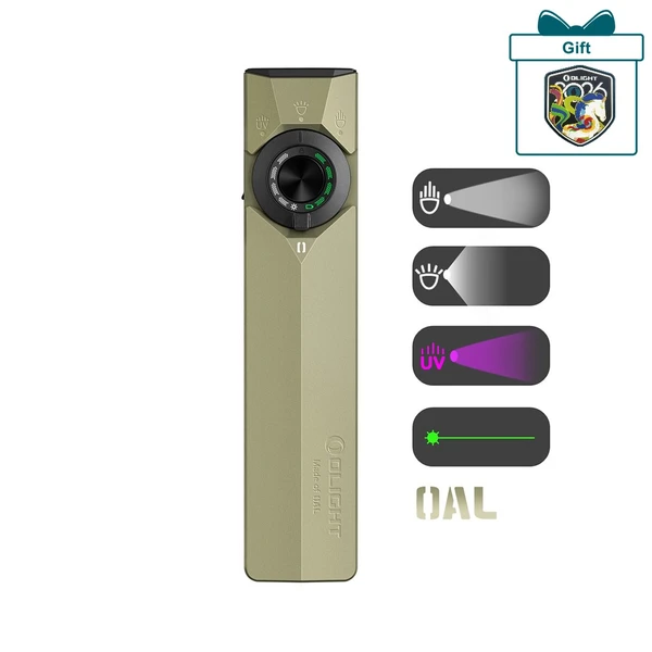 Olight Tan ArkPro Lite multi-mode flashlight front view with control dial, featuring spot, flood, and UV light for EDC inspection.