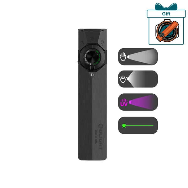 Olight Black ArkPro Multi-function Light Front View with Rotating Dial, UV, and Laser for Everyday Carry