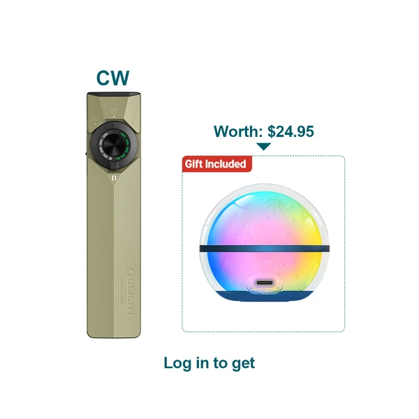 Olight CW ArkPro Lite in olive green, front view with a circular dial, paired with a colorful sphere light.