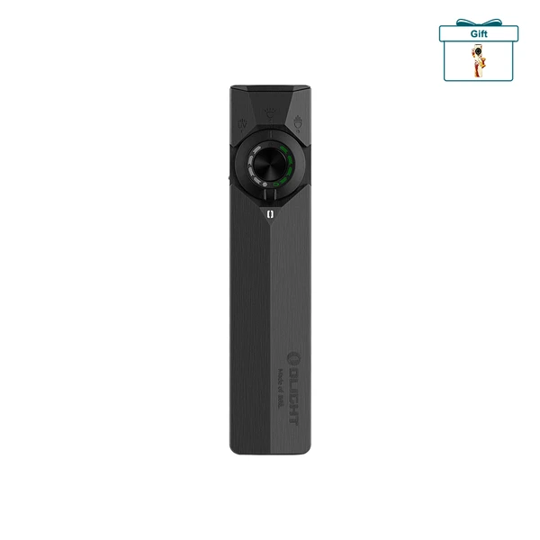 Olight Black ArkPro Flat EDC Flashlight Front View with Selector Dial and UV Laser Light for Everyday Carry