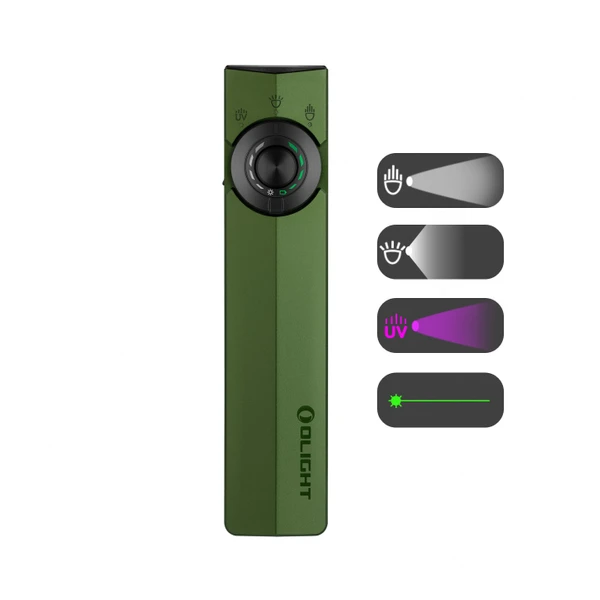 Olight Green ArkPro Lite multi-functional flashlight showing flood, spot, UV, and laser modes for versatile use.