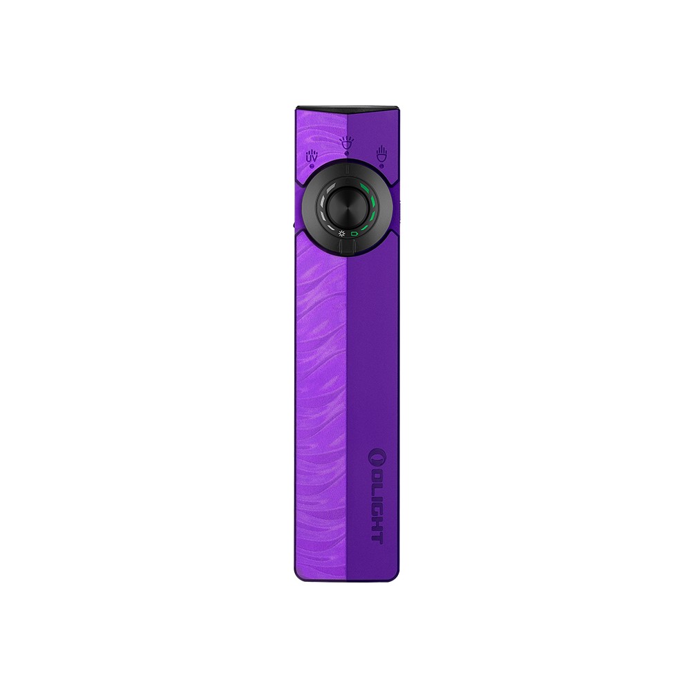 Olight Purple ArkPro Flat Flashlight Front View with Laser UV and LED Dial Switch for EDC and Outdoor Use