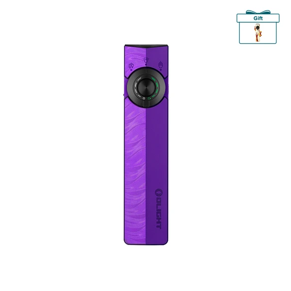 Olight Purple ArkPro Flat EDC Flashlight Front View with Rotary Dial Switch and Textured Grip for Outdoor Navigation