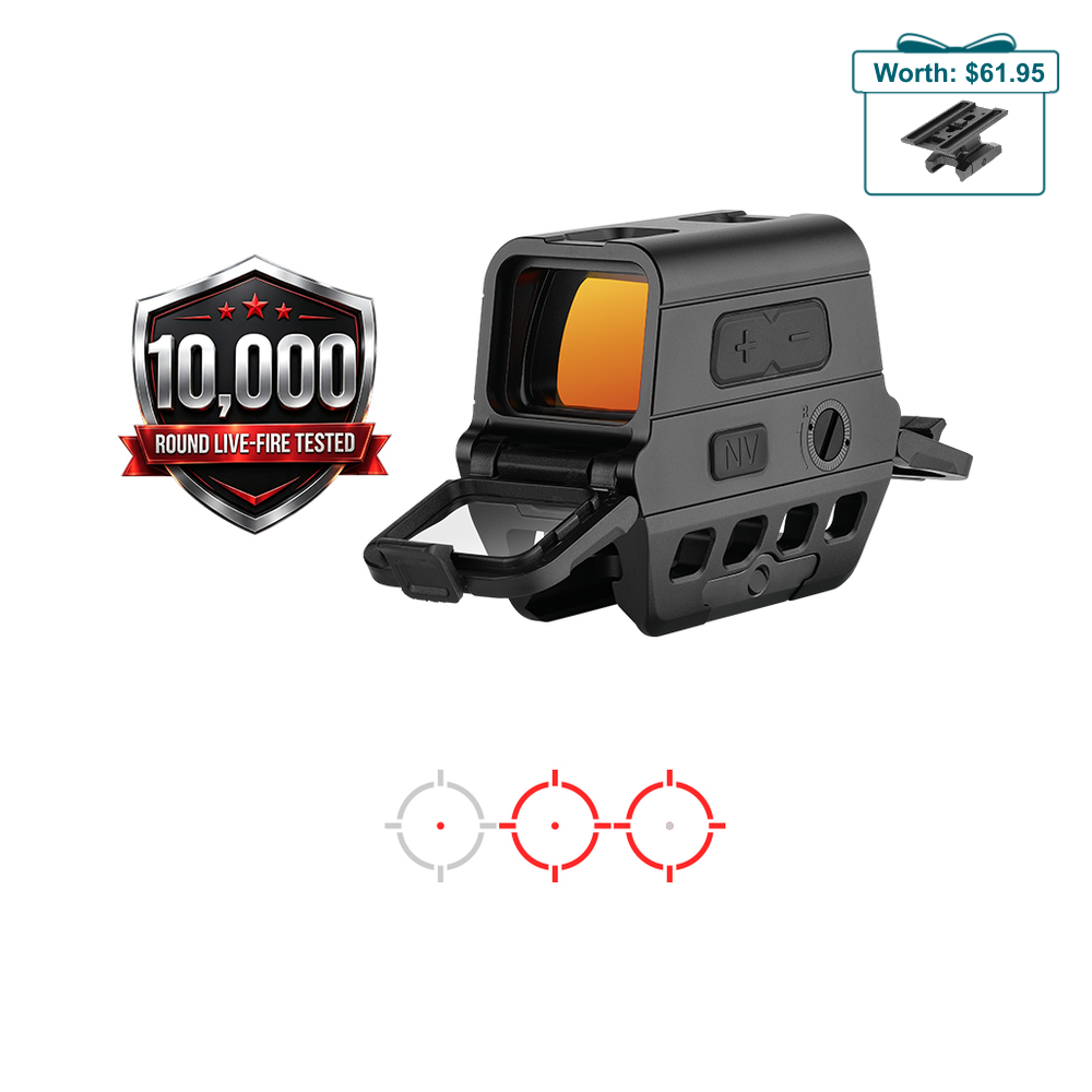 Tactical red dot sight with protective flip caps, multi-reticle options, and riser mount accessory