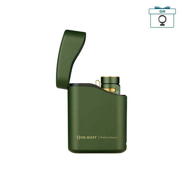 Olight Olive Green Baton 4 Premium Side View with Charging Case for Everyday Carry and Emergency Lighting