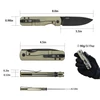 Khaki folding knife with black blade. Open 8.0in, closed 4.5in, blade 3.5in. 90g weight. EDC pocket clip.
