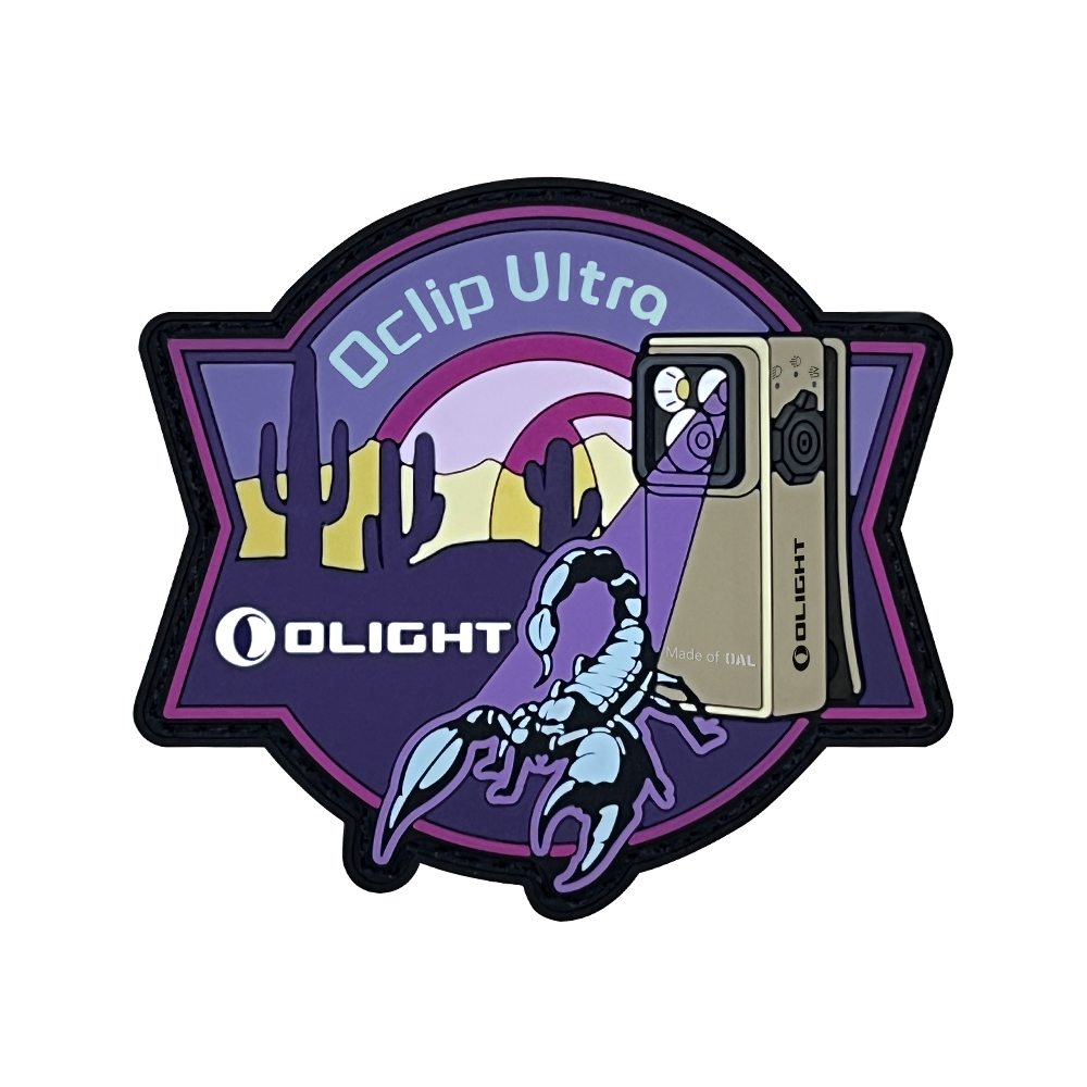 Olight Oclip Ultra patch featuring desert, scorpion, and tactical clip flashlight.