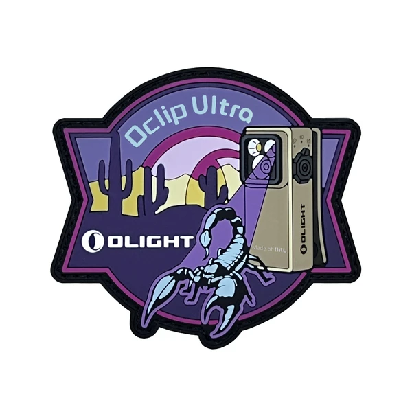 Olight Oclip Ultra patch featuring desert, scorpion, and tactical clip flashlight.