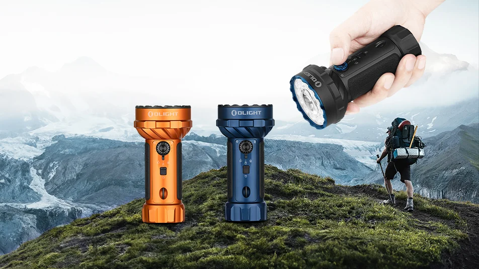 Olight Marauder Mini 2 high-lumen flashlight, 10000 lm, 750m throw, IPX8. Perfect for outdoor adventure & camping.