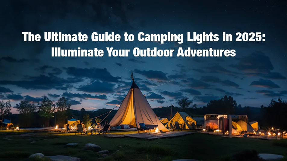 Nighttime campsite with illuminated tents, tipis, and camping lights under a starry sky.