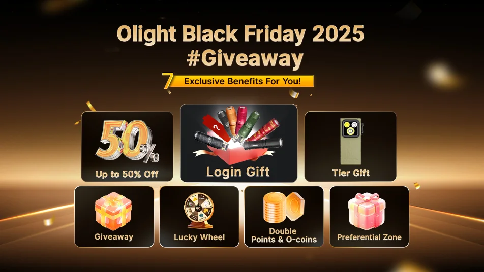 Olight Black Friday 2025 Giveaway: 7 exclusive benefits including 50% off, gifts, lucky wheel, and rewards.