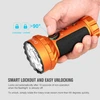 Hand holding an orange Olight Marauder Mini flashlight with smart lockout and easy unlocking feature.