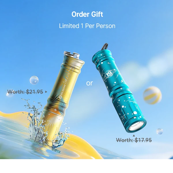 Olight i3E EOS keychain flashlight gift options in yellow palm tree and teal starry sky designs against a blue sky background