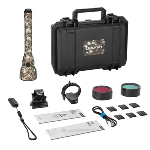Olight Digital Camouflage Javelot Turbo 2 long-range tactical flashlight kit with hard case, mount, and filters for hunting and outdoor use.