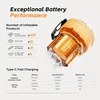 Portable air pump battery performance chart showing inflation capacity, Type-C fast charging, and lighting mode specs