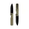 Olive green tactical folding knife with black blade, displayed open and closed.