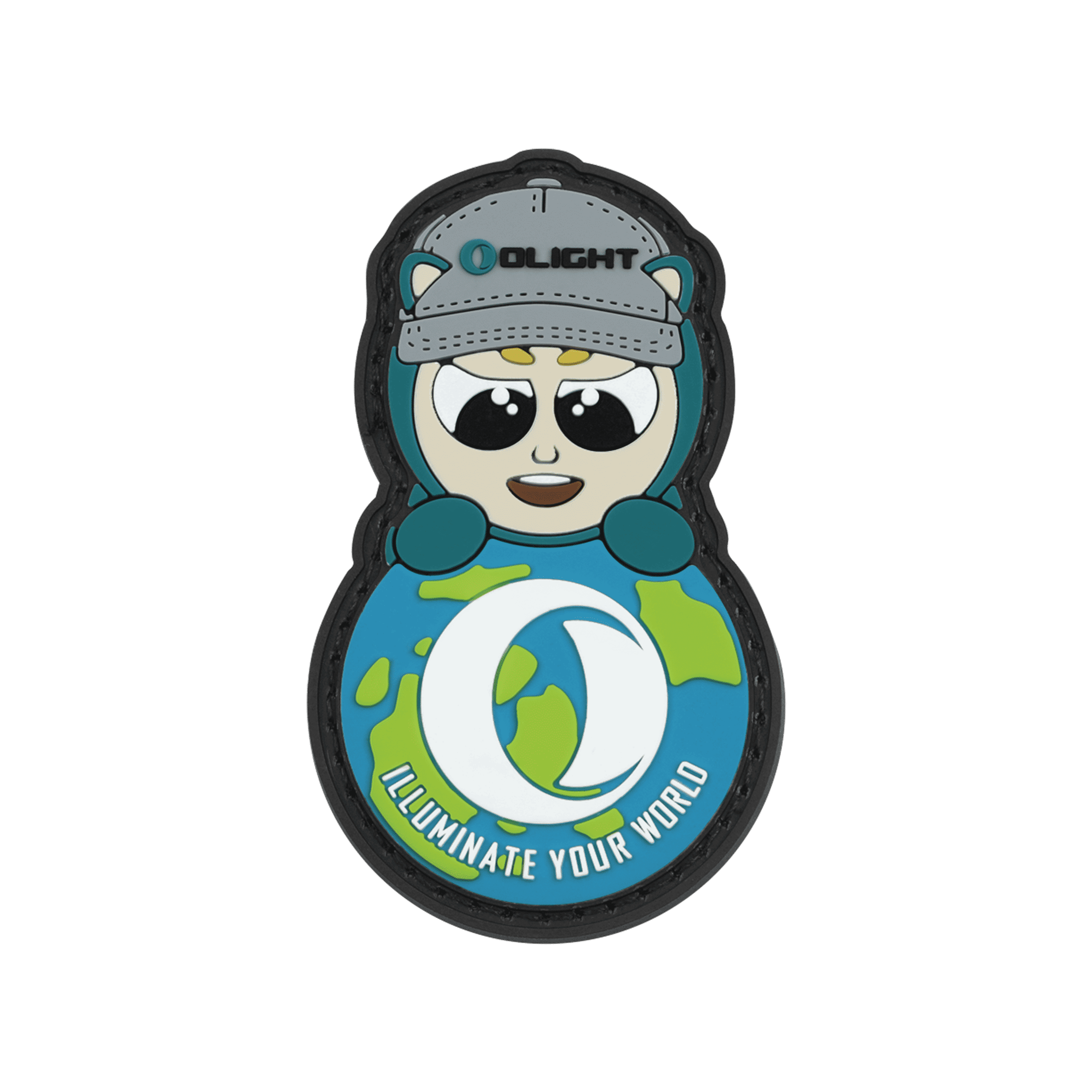 Olight brand patch featuring a character holding a globe with 'Illuminate Your World' slogan.