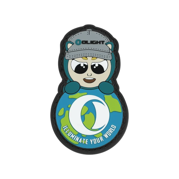 Olight brand patch featuring a character holding a globe with 'Illuminate Your World' slogan.