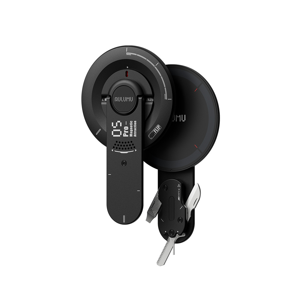 Aulumu M05 Pro magnetic phone stand and integrated multi-tool with knife, screwdriver, and bottle opener.