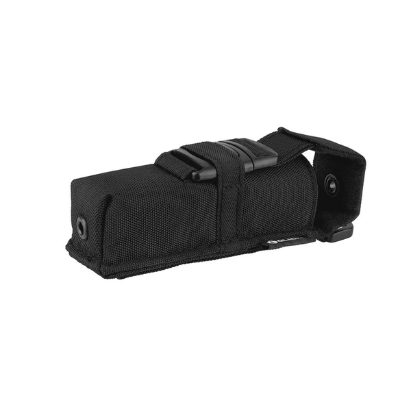 Black nylon tactical flashlight holster with buckle closure isolated on white background.of
