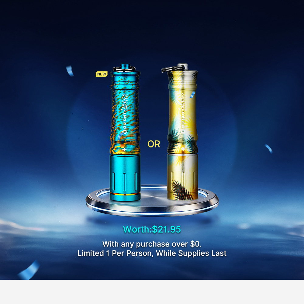 Two Olight i3E EOS keychain flashlights with blue and yellow tropical patterns featured in a free gift promotion.
