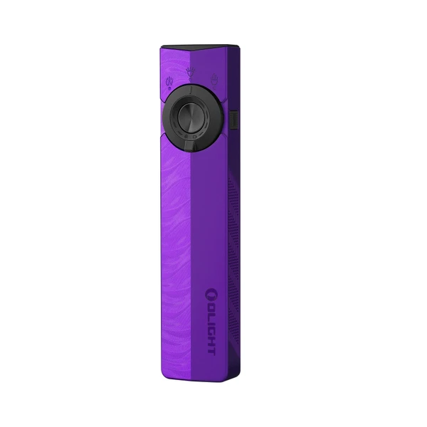 Olight Purple ArkPro Flat EDC Flashlight Front View with Laser UV and LED Light Selector for Everyday Carry