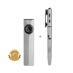 Olight limited edition titanium alloy EDC flashlight and bolt action pen set on a white background
