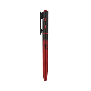 Red and black tactical penlight with laser pointer and power button isolated on white background