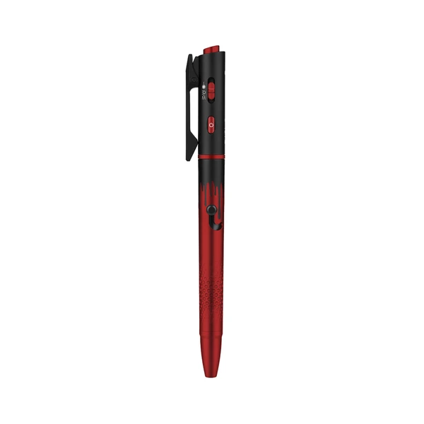Red and black tactical penlight with laser pointer and power button isolated on white background