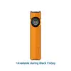Olight orange Arkfeld Pro flat flashlight with laser, UV light, and white LED on white background