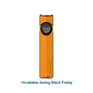 Olight orange Arkfeld Pro flat flashlight with laser, UV light, and white LED on white background