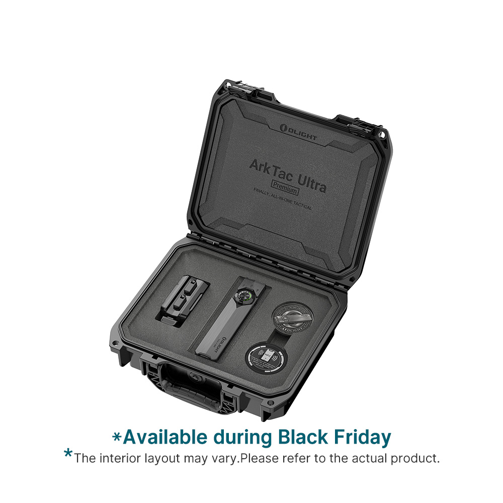 Olight ArkTac Ultra Premium tactical flashlight kit in a heavy-duty protective hard case with custom foam insert