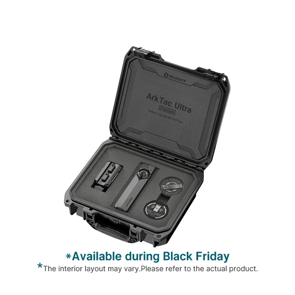 Olight ArkTac Ultra Premium tactical flashlight kit in a heavy-duty protective hard case with custom foam insert