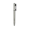 Sleek brushed metal ballpoint pen with textured grip and black clip isolated on black background