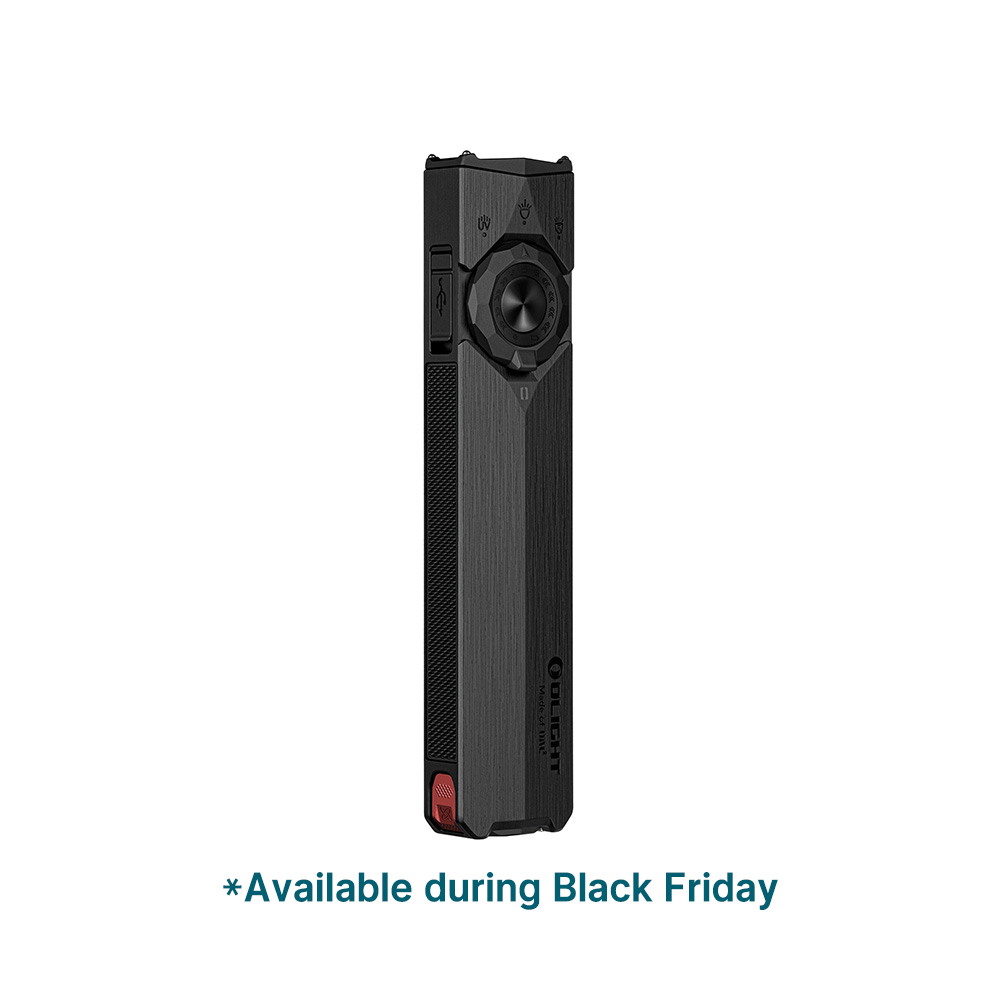 Olight Arkfeld Pro flat EDC flashlight in sleek black with laser and UV light options, perfect for Black Friday deals.