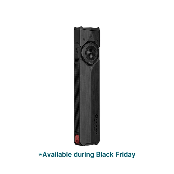 Olight Arkfeld Pro flat EDC flashlight in sleek black with laser and UV light options, perfect for Black Friday deals.